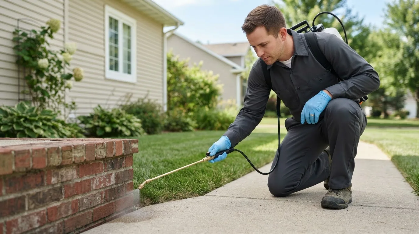 Pest control technician treating a home near Beaumont, CA